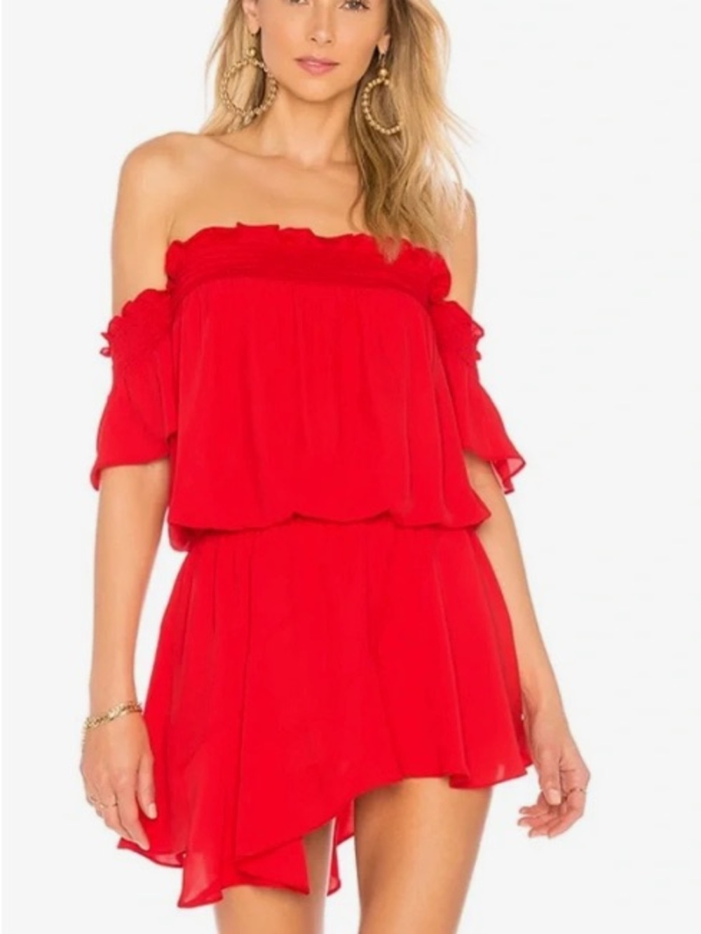 Amanda Uprichard Red Off-Shoulder Ruffled Mini Dress
